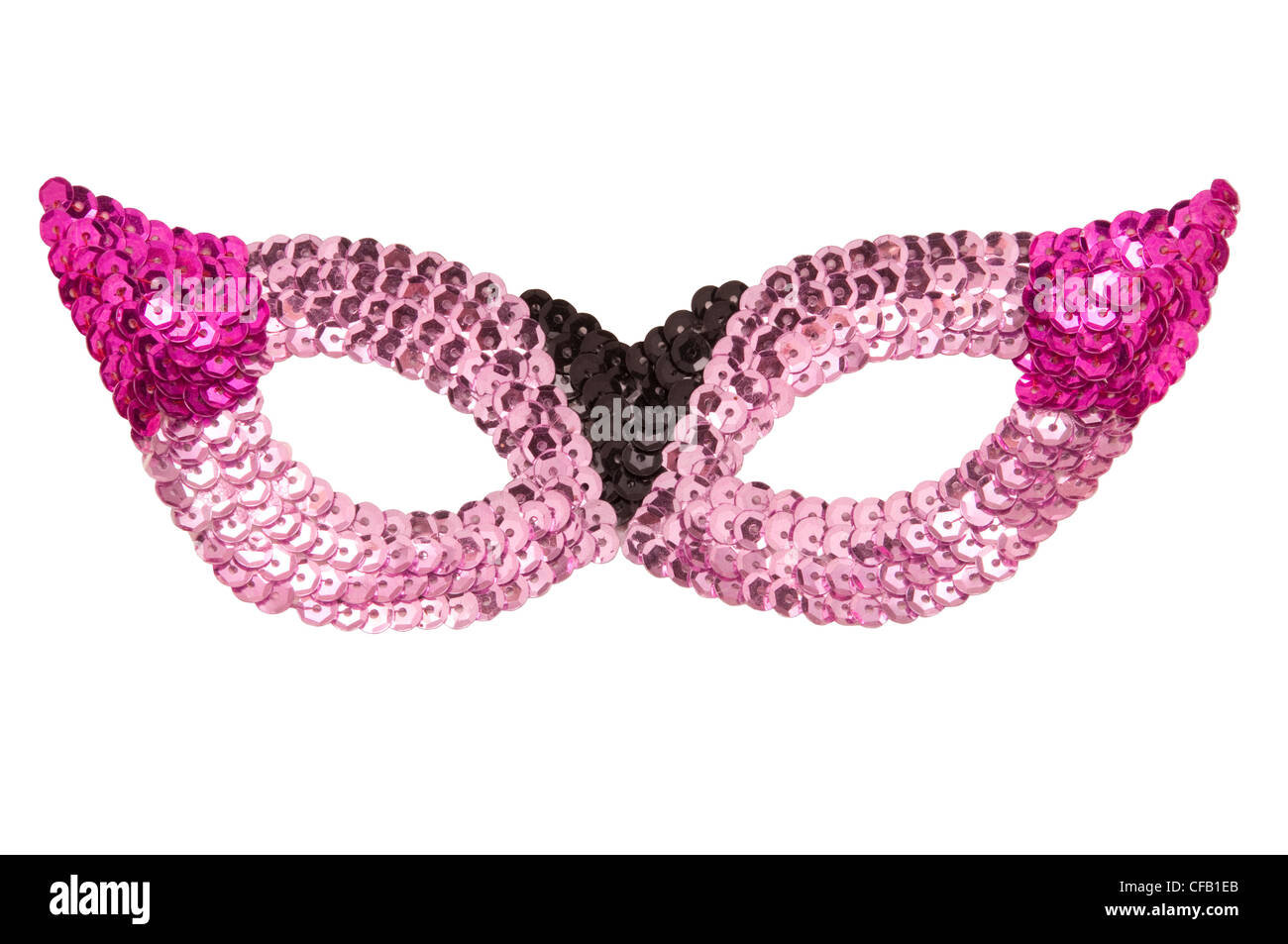 Pailletten rosa und lila Partei Maske gegen weiß Stockfoto