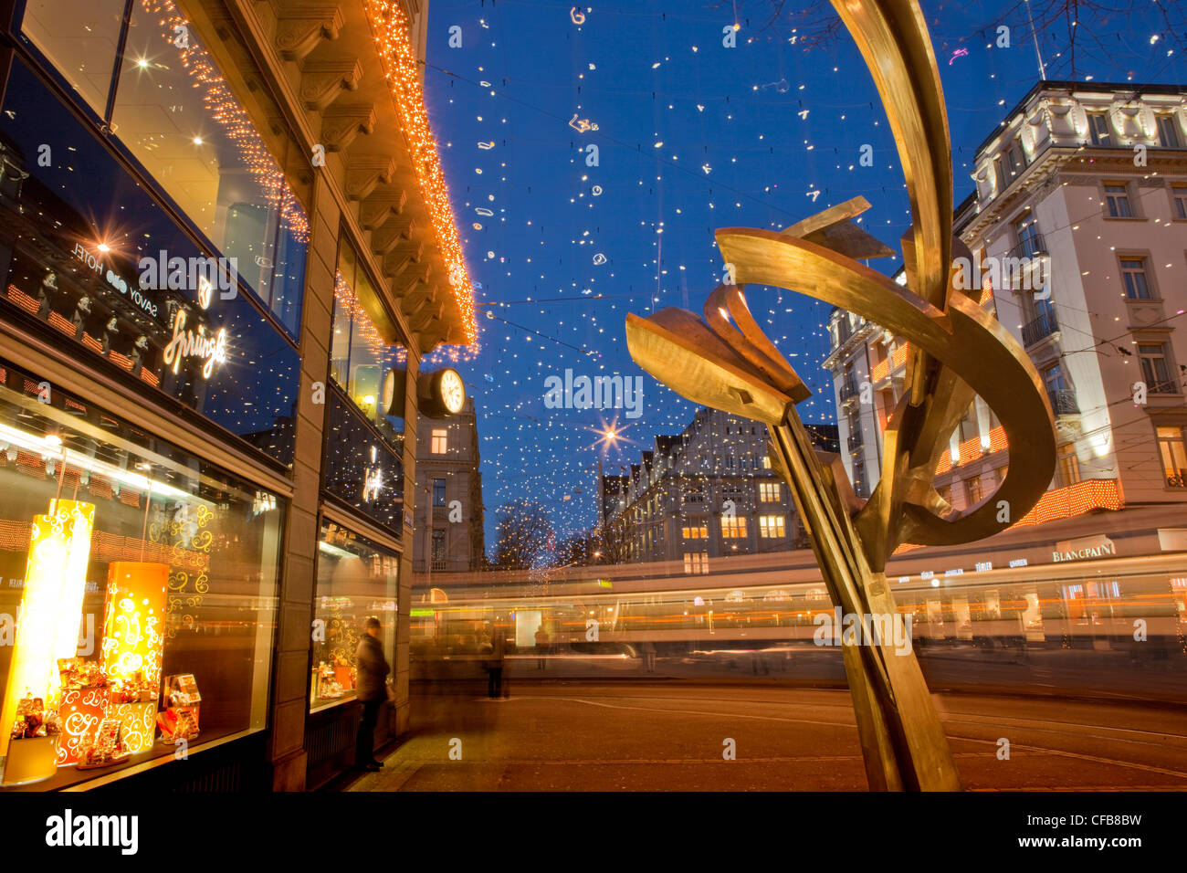 Winter, Schnee, Nacht, dunkel, Weihnachten, Advent, Stadt, Stadt, Kanton Zürich, Schweiz, Europa, Parade statt, Weihnachtsbeleuchtung, Stockfoto