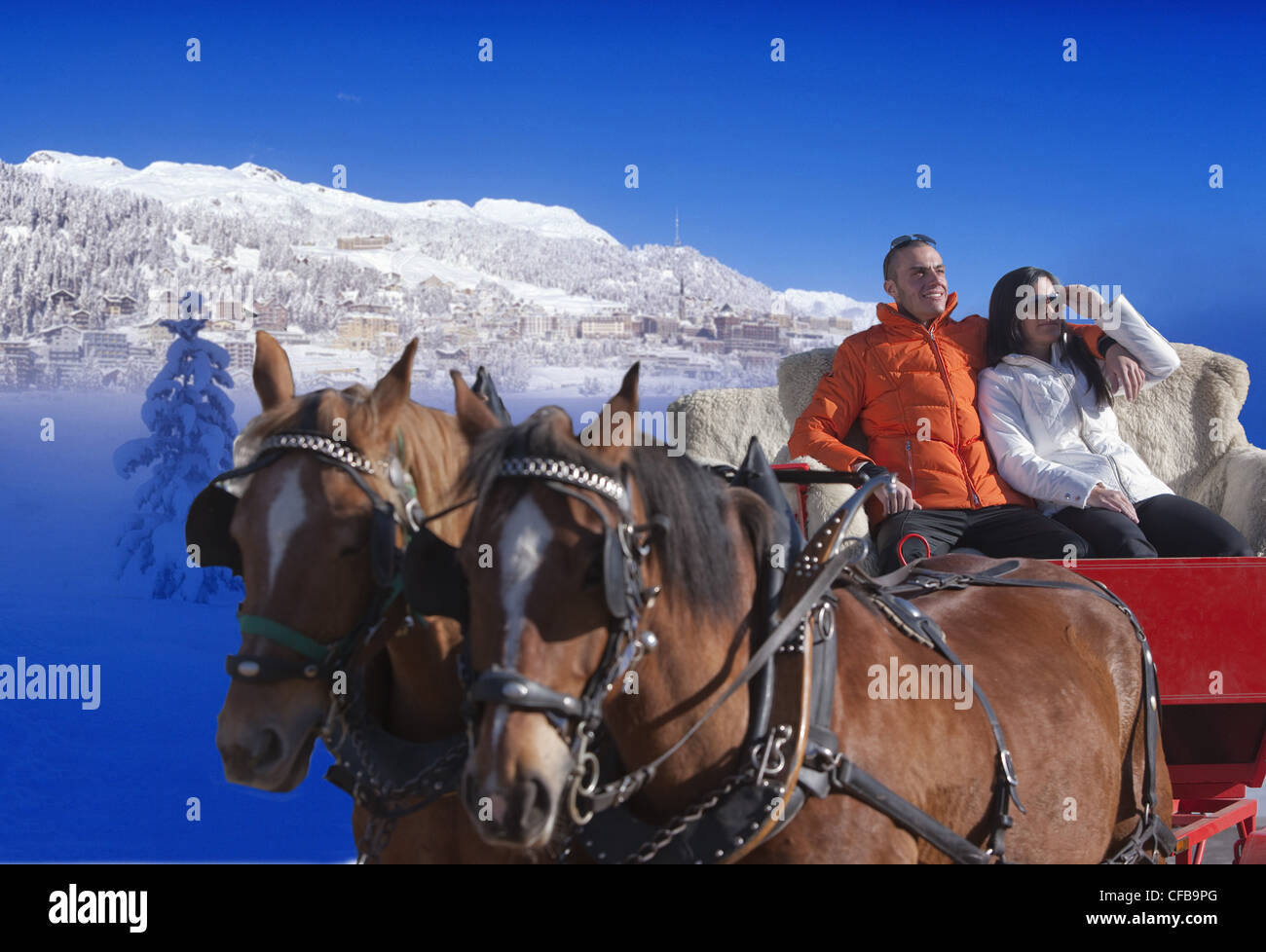 Bergsee, Pferd, Tourismus, Urlaub, Kanton Graubünden, Graubünden, Schweiz, Europa, paar, Pferde, Schlitten, Reise, Tour Stockfoto