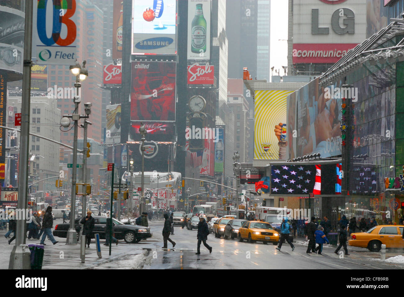 Times square, light snow, New York City, USA Stockfoto