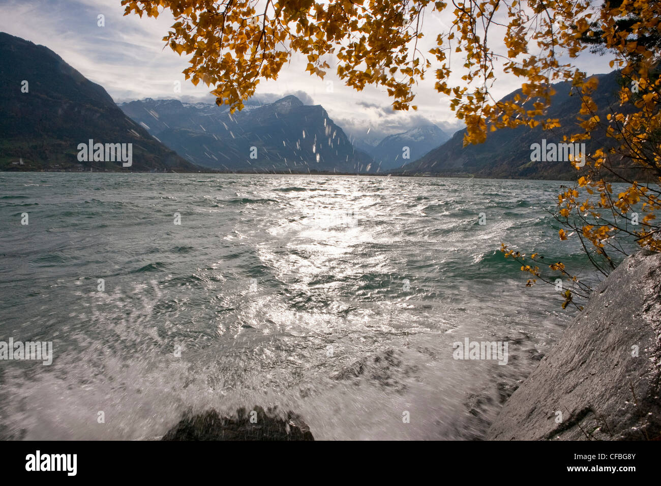 Berge, Herbst, Berg, See, Kanton Uri, Schweiz, Europa, Vierwaldstättersee, Lake Lucerne, Zentralschweiz, Wellen, baahm Stockfoto