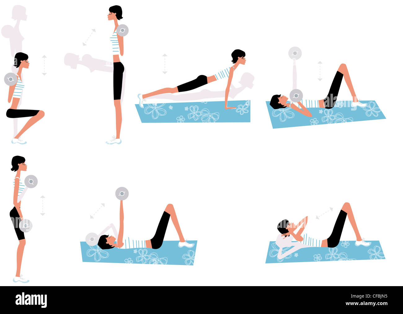 Serie von sieben Abbildungen der weiblichen Ausübung sie hat kurze schwarze Haare und trägt eine blaue-weiße gestreifte Weste Stockfoto