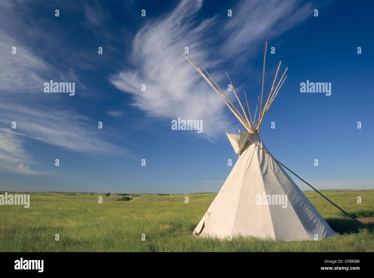 Tipi auf der Prärie, Wanuskewin Heritage Park, Saskatoon, Saskatchewan, Kanada Stockfoto