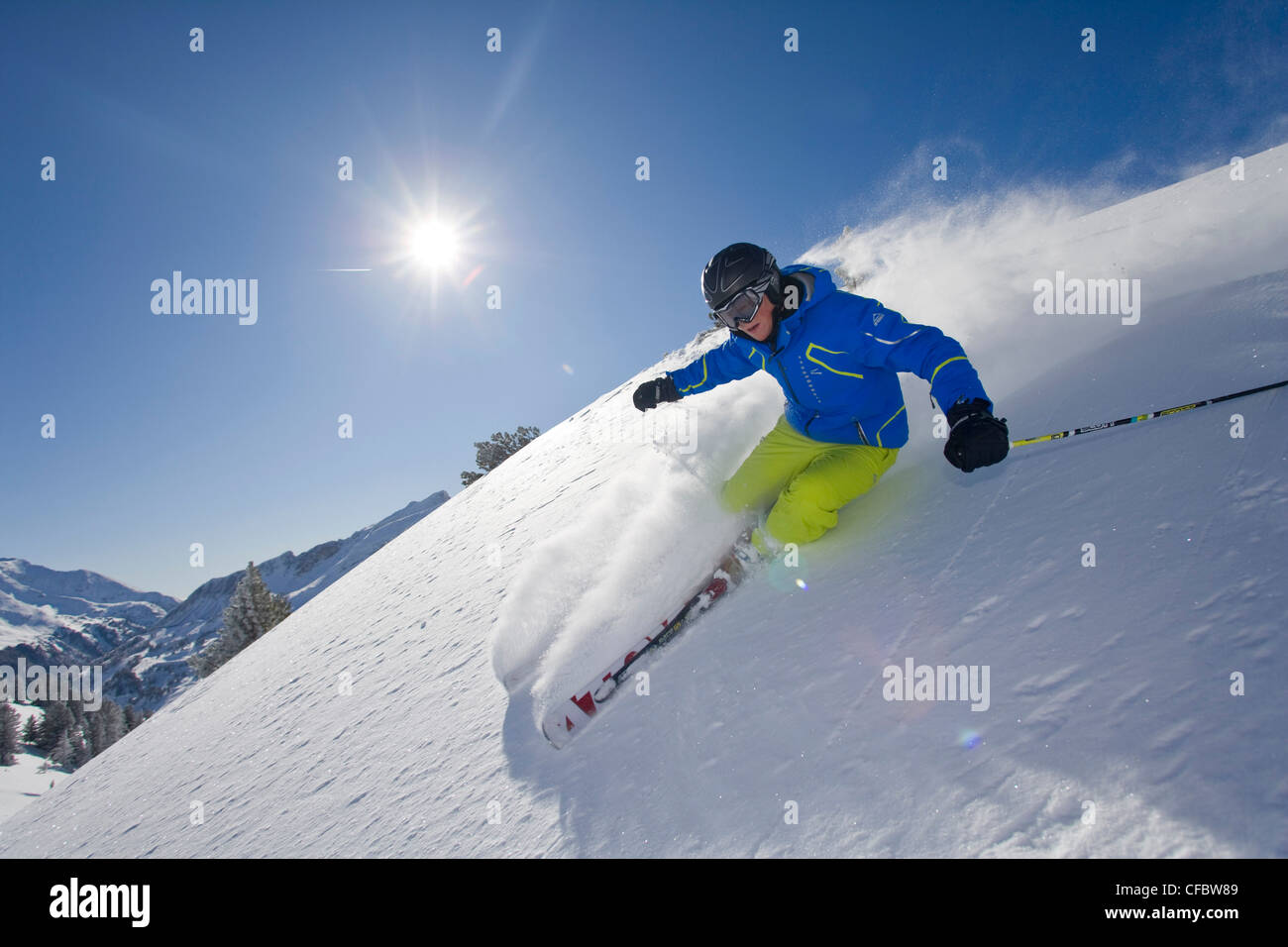 Freeriding, Ski, Skifahren, Freeskiing, Schneemann, Freeride, powder, gehen, Pulverschnee Schnee Piste, blau, Himmel, Alpine, Pulver, Risiko, Stockfoto