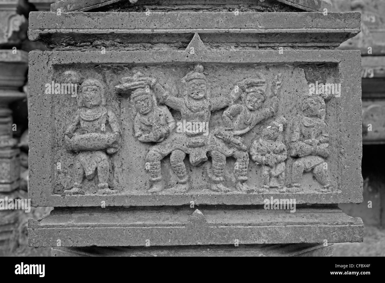 Carven auf Shri Bhiravnath Tempel des Gottes Shiva am Kikli, Maharashtra, Indien Stockfoto