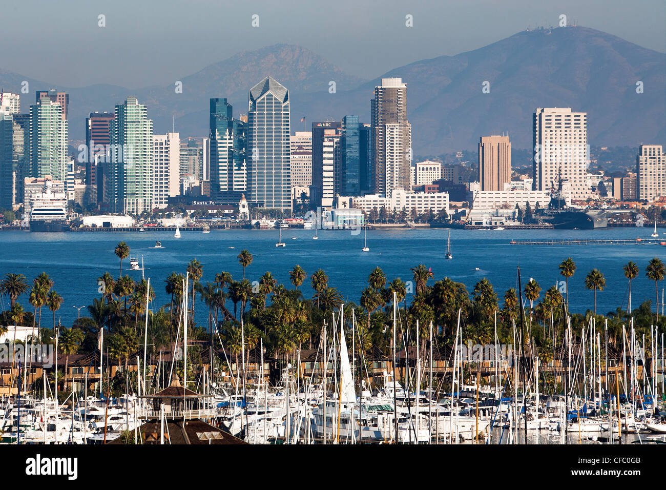 USA, USA, Amerika, Kalifornien, San Diego, Stadt, Shelter Island, Innenstadt, Architektur, Bucht, Boote, Innenstadt, Marina, Stockfoto