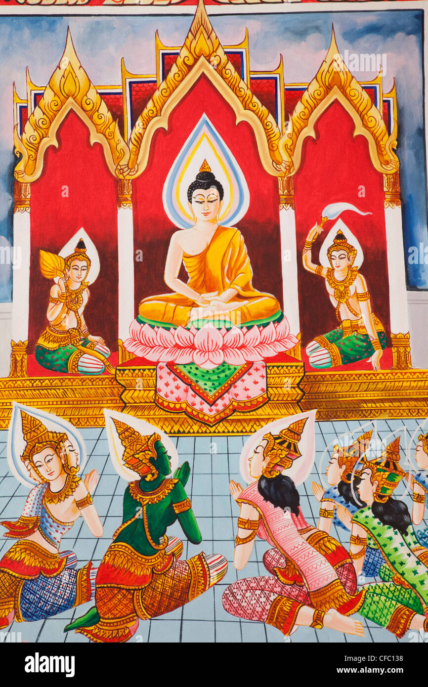 Laos, Vientiane, Pha, die Luang, Haupthalle verehren, Wandmalereien, die das Leben des Buddha Stockfoto