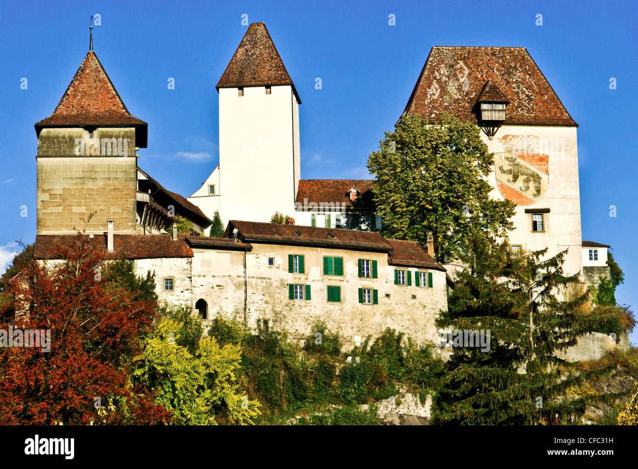 historische Gebäude, historische Gebäude, Denkmal, Bergfried, Mantel von Waffen, Wappen, Burg, Burgdorf, Bergfried, Emmental, hohe Nobilit Stockfoto