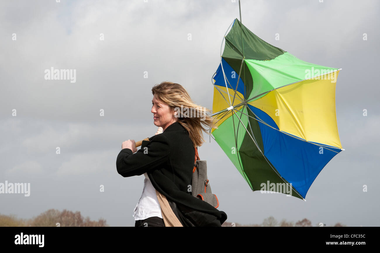 Frau, die auf ihrem Schirm die in-und auswendig bei starkem Wind geblasen hat Stockfoto