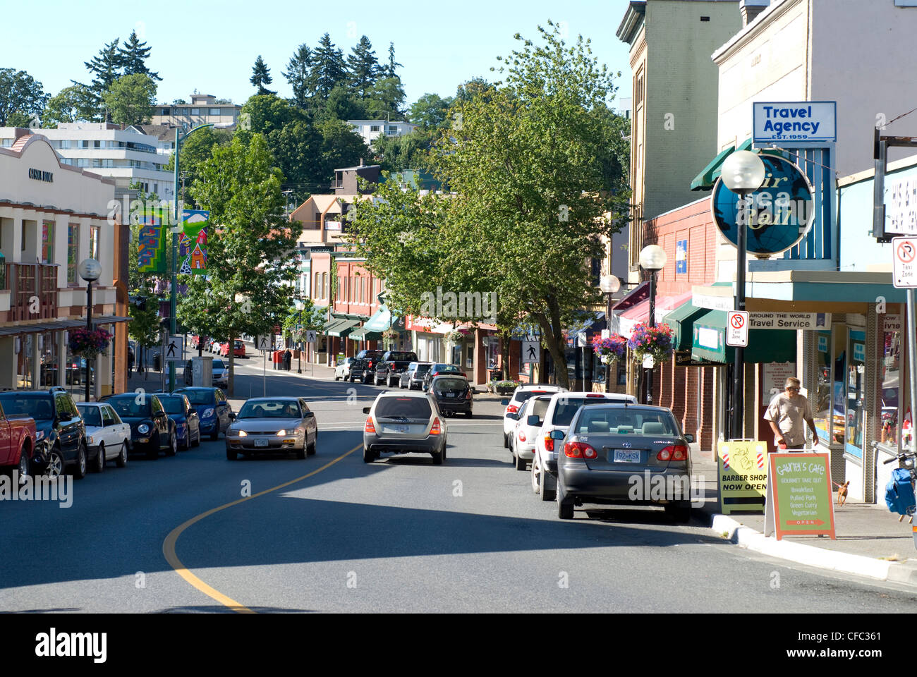 Kommerzielle Straße, die Innenstadt von Nanaimo, BC, Kanada. Stockfoto