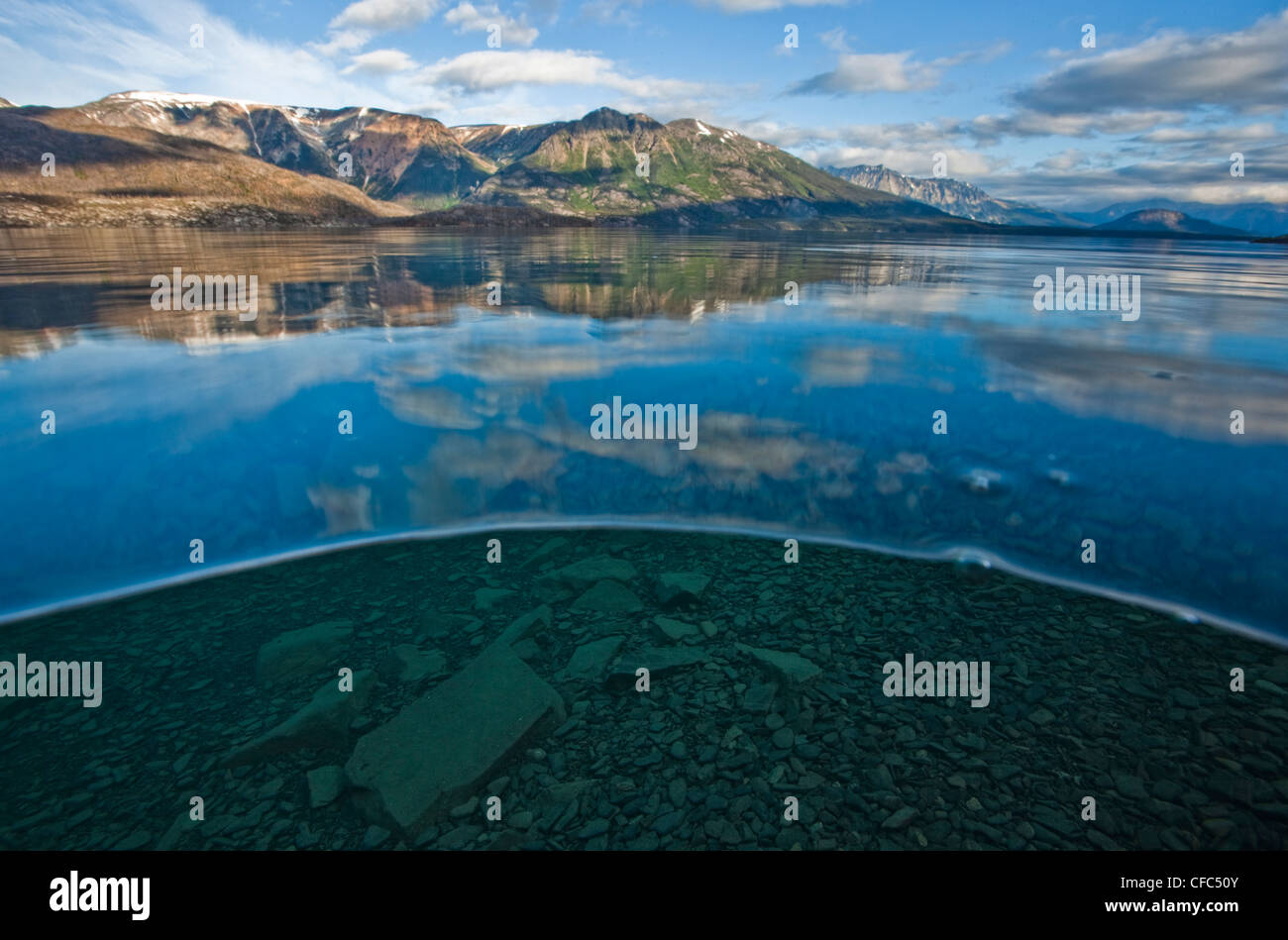 Der Blick über und unter Wasser in Atlin Lake, Atlin Lake Provincial Park, Atlin, Britisch-Kolumbien, Kanada. Stockfoto