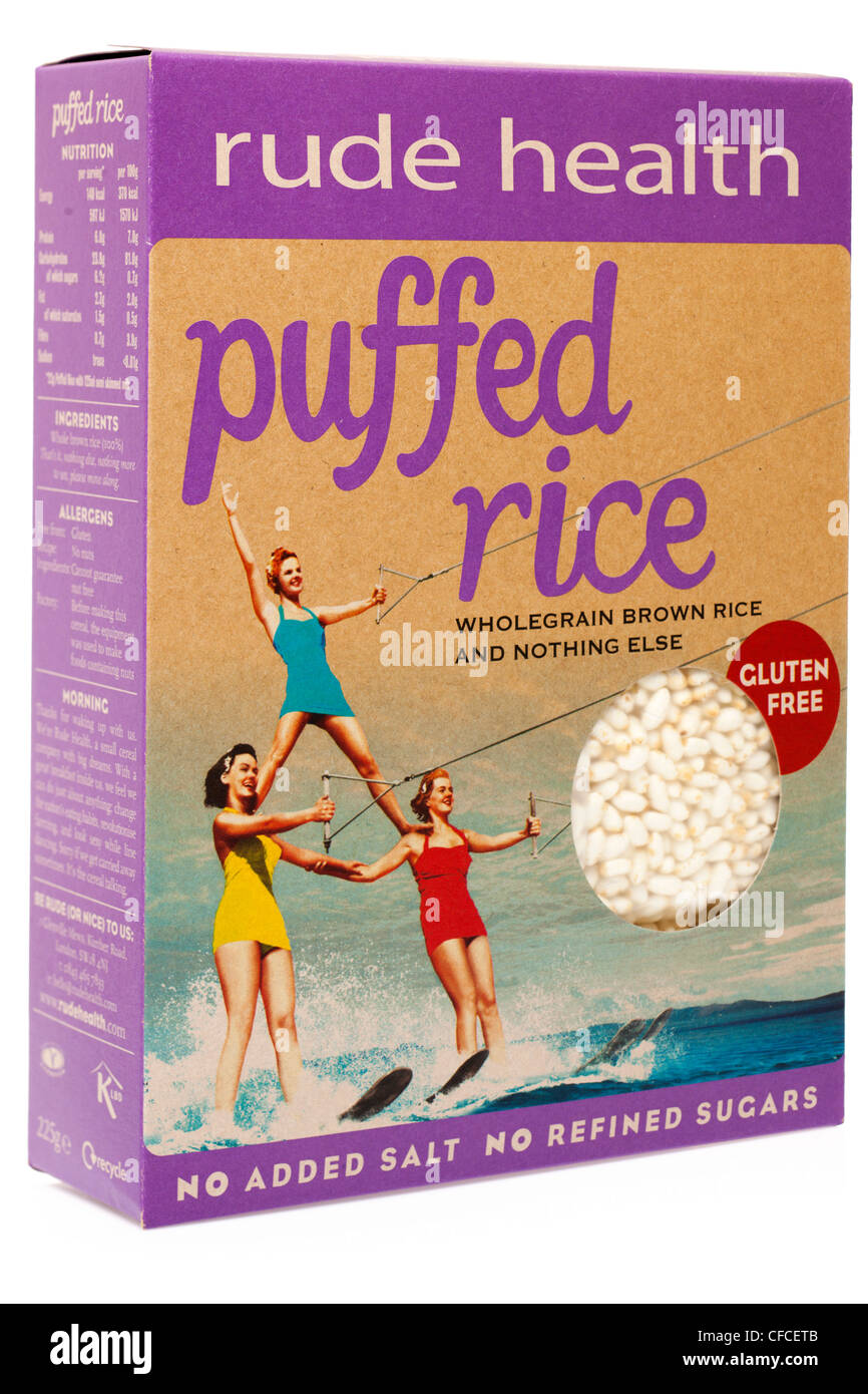 Schachtel mit Guten kostenlosen Vollkorn gepufft brauner Reis Stockfoto