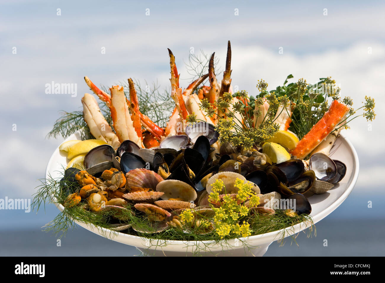 Ein Stillleben Seafood Platter, Courtenay, The Comox Valley, Vancouver Island, British Columbia, Kanada. Stockfoto