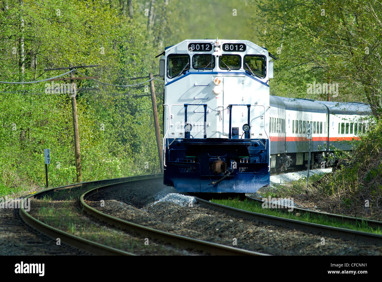 Ein westlicher Richtung Rocky Mountaineer rundet die Kurve auf dem Weg nach Vancouver. Stockfoto