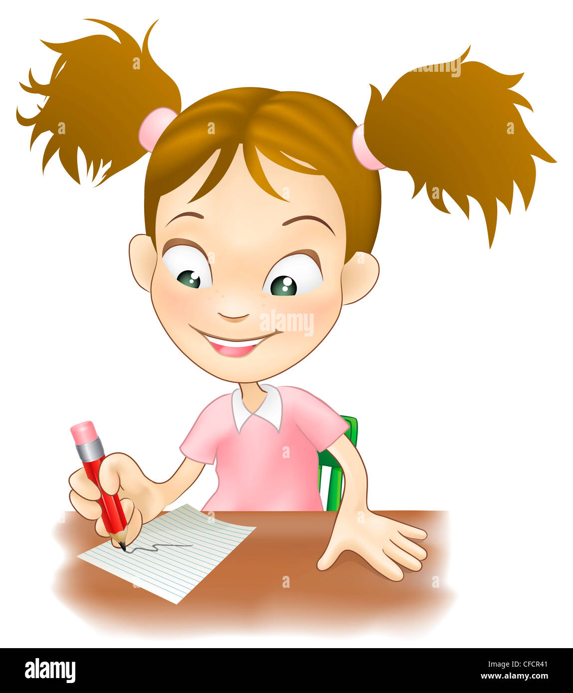 Abbildung von einem netten jungen Mädchen saß an ihrem Schreibtisch auf Papier schreiben. Stockfoto