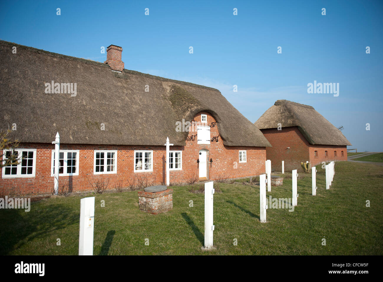 Traditionellen friesischen Häuser am Ketelswarf auf Hallig Langeneß, eine "Insel" in der UNESCO Website Wadden Meer von Norddeutschland Stockfoto