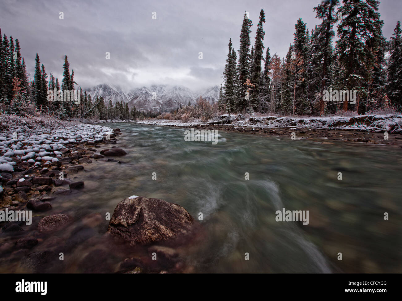 Die Wheaton River weiter mit dem Schnee, Beschichtung, Felsen, Bäume und Berge, Yukon, Kanada läuft. Stockfoto