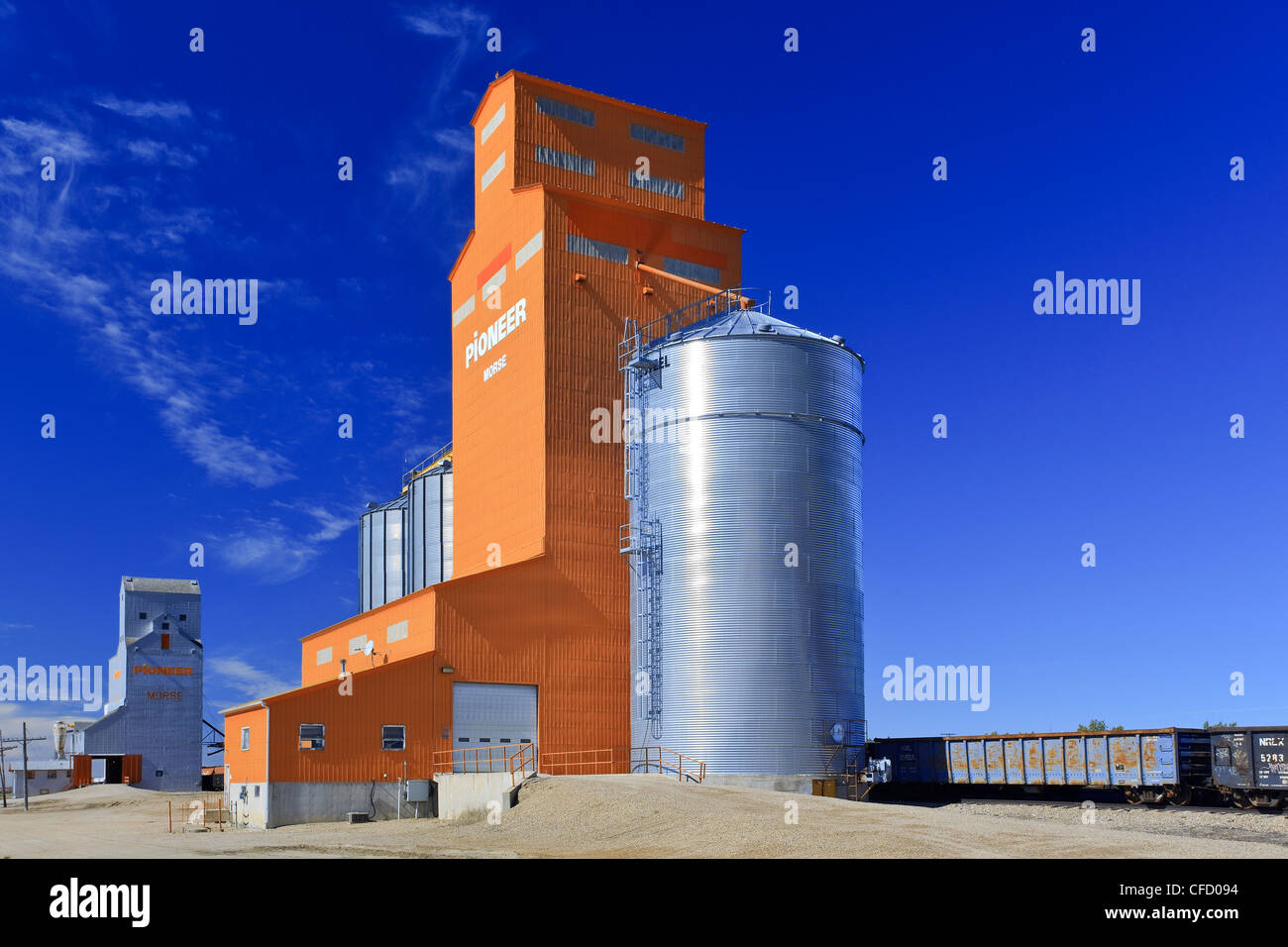 Getreidesilos und blauer Himmel. Morse, Saskatchewan, Kanada. Stockfoto