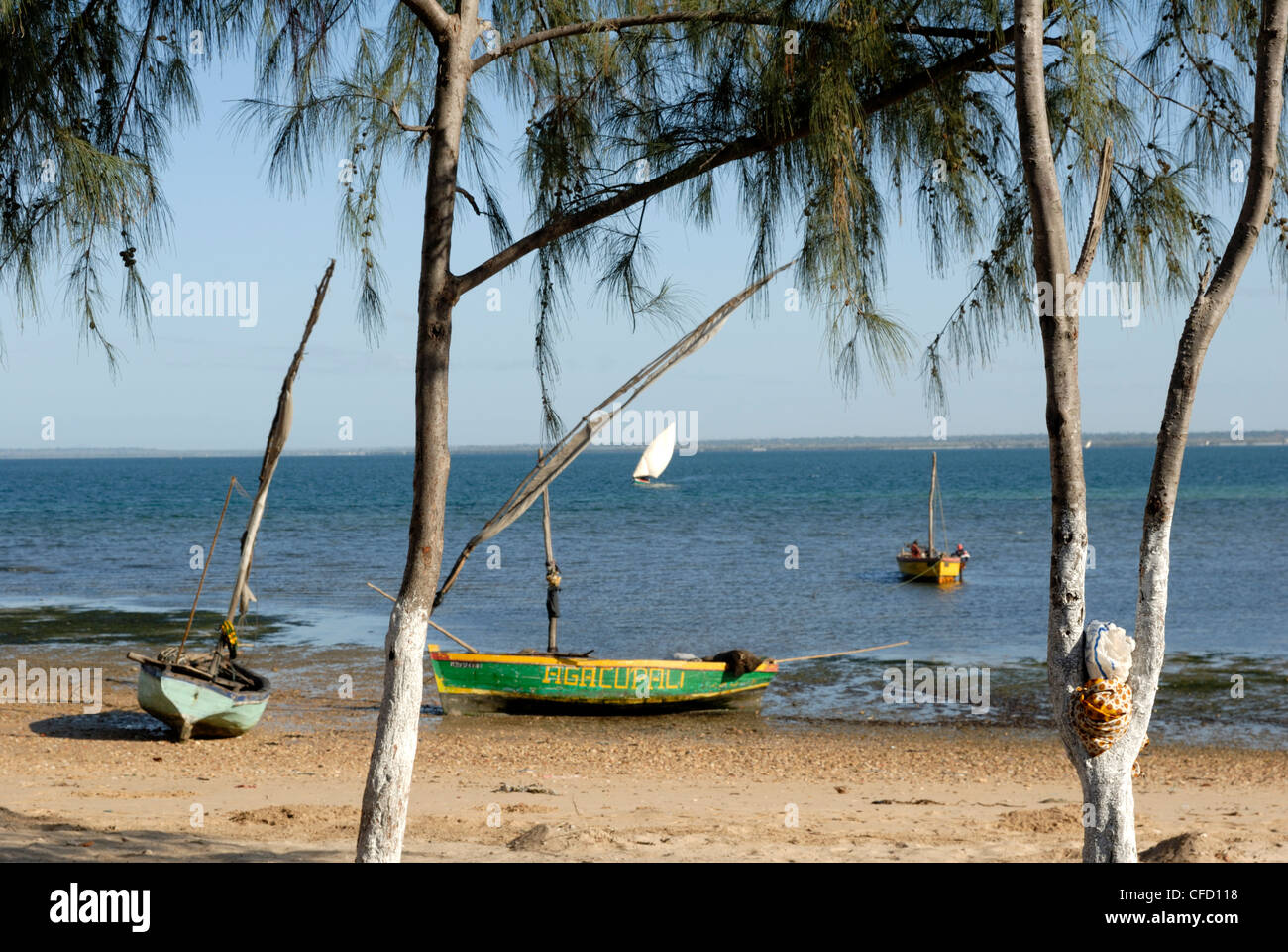 Dhaus und Strand, gegenüber der Insel von Mosambik, Mosambik, Afrika Stockfoto