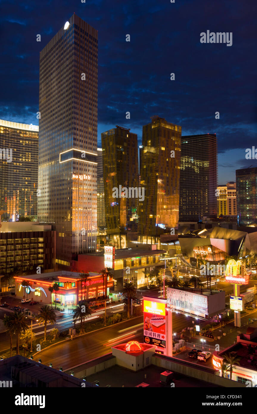 Panorama von Aria Resort Hotel und im Mandarin Oriental Hotel, Las Vegas Boulevard, dem Strip, Las Vegas, Nevada, USA Stockfoto