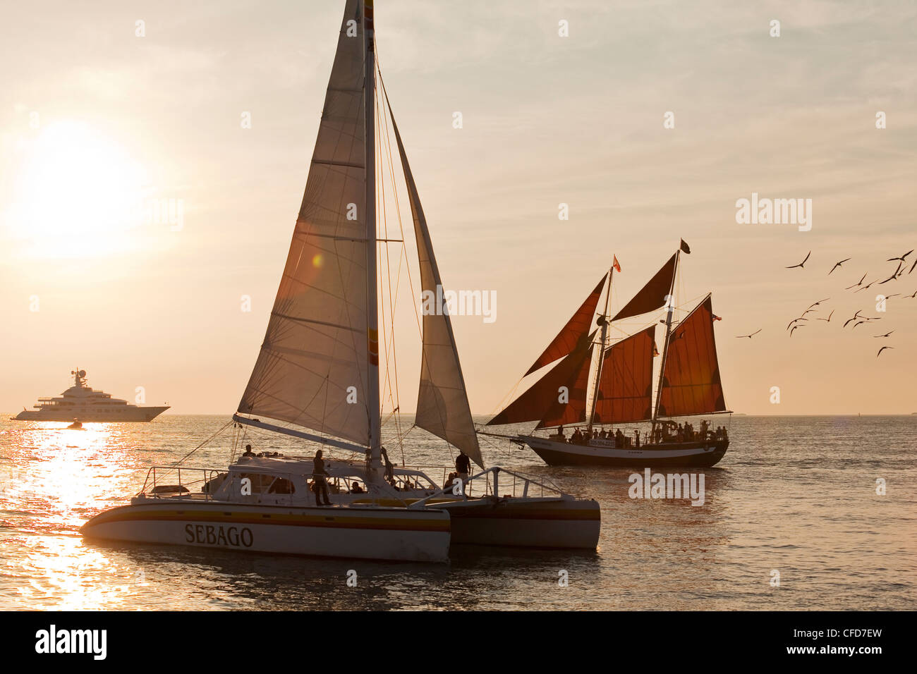 Segelboote und Yachten im Wasser off Key West berühmten Mallory Square bei Sonnenuntergang, Florida, Vereinigte Staaten von Amerika. Stockfoto