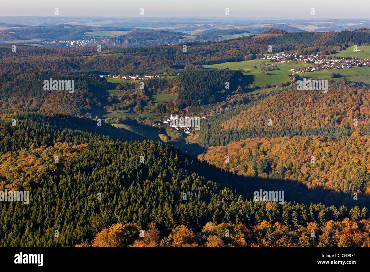 Luftaufnahme des Waldes Salmwald im Herbst, Eifel, Rheinland-Pfalz, Deutschland, Europa Stockfoto