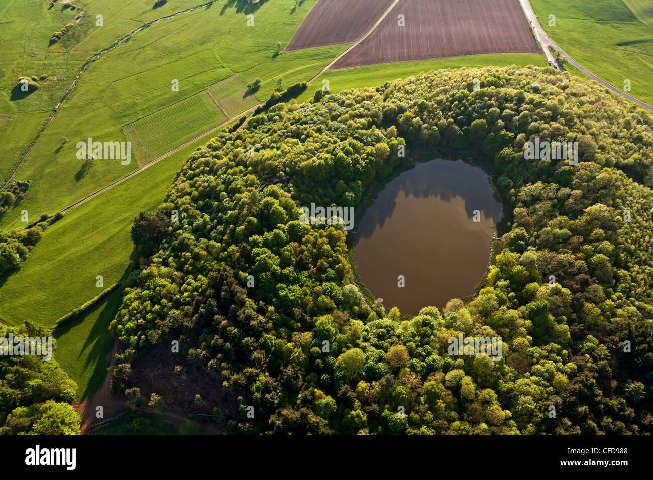 Luftaufnahme der Windsborn Kratersee, Landkreis von Daun, Eifel, Rheinland-Pfalz, Deutschland, Europa Stockfoto