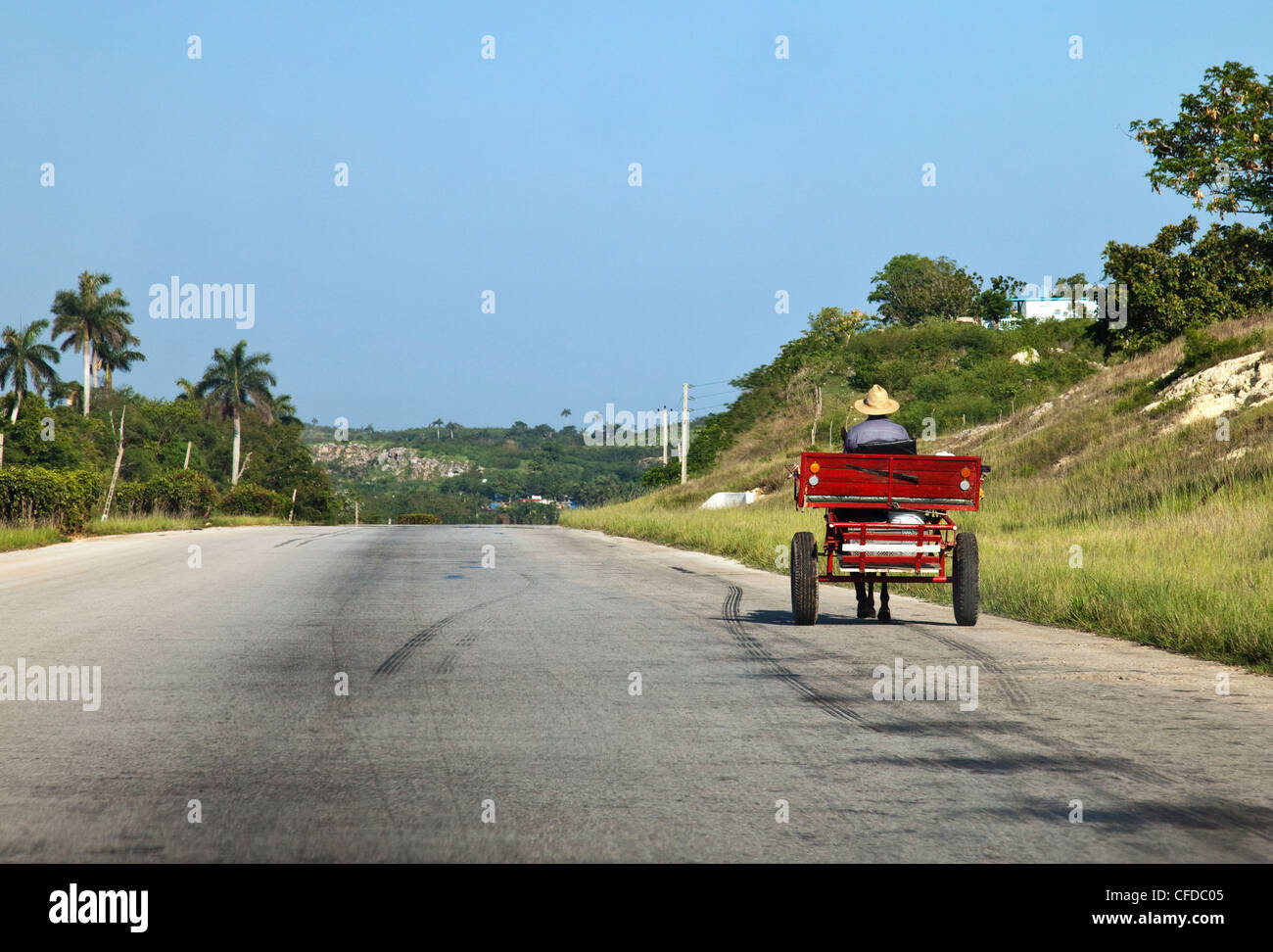 Mann, treibende Pferd und Wagen auf einer weiten einsamen Landstraße, Kuba, Karibik, Mittelamerika Stockfoto