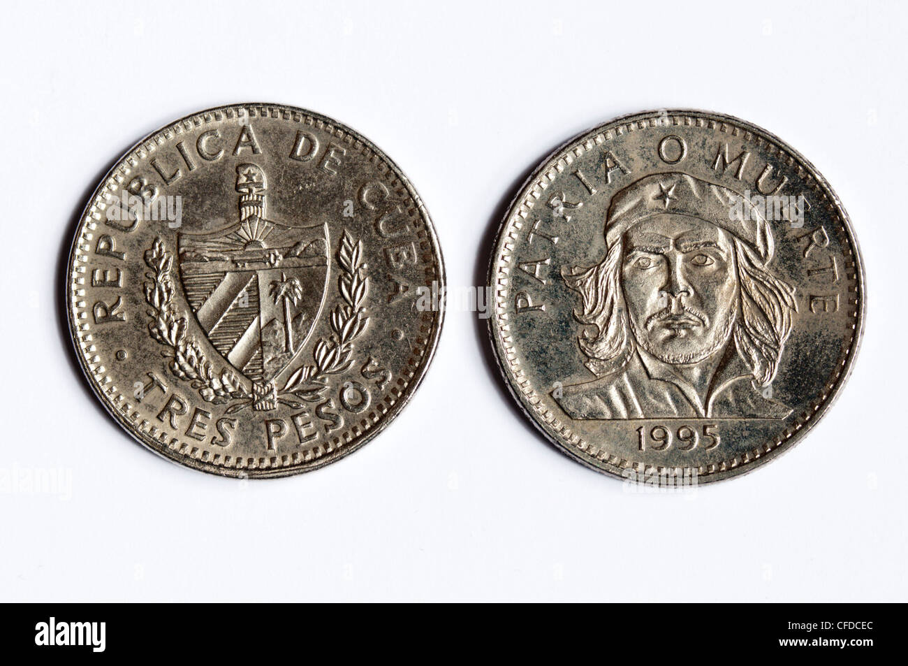 Beide Seiten des kubanischen 3 Pesos Münze mit Bild von Che Guevara. Stockfoto