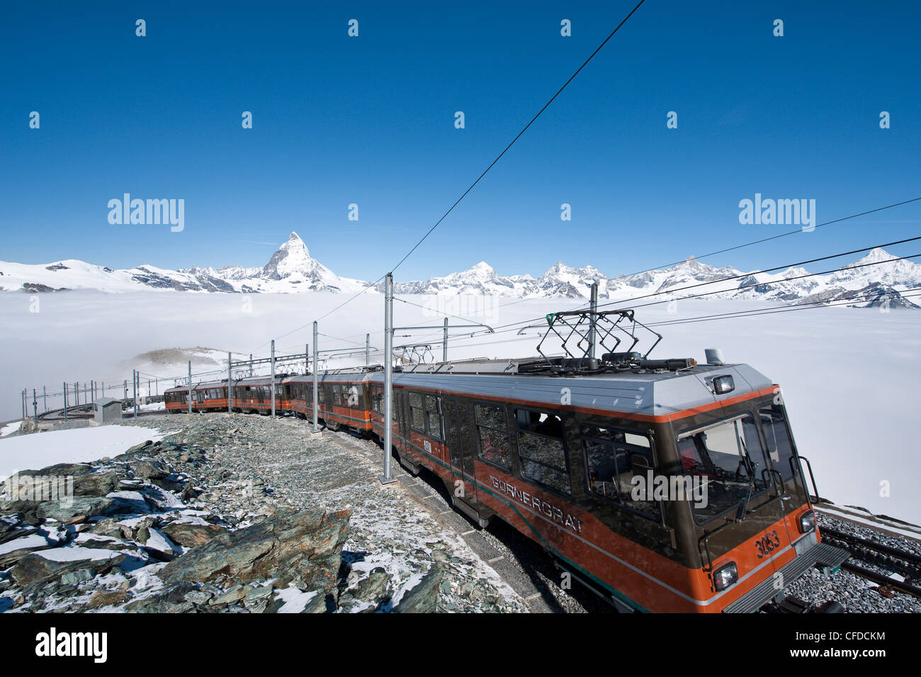 Matterhorn und Gornergrat Zahnradbahn Rad fahren, Goronergrat Peak, Schweiz, Europa Stockfoto