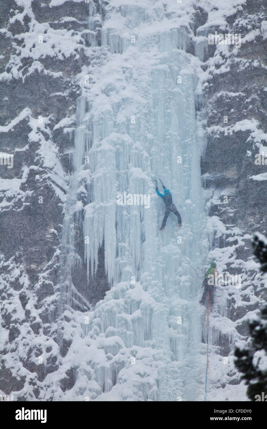 Zwei weibliche Eiskletterer aufsteigen die Multi-Pitch-Eis-Route, Moonlight WI4, auch Thomas Creek, Kananaskis, Alberta, Kanada Stockfoto