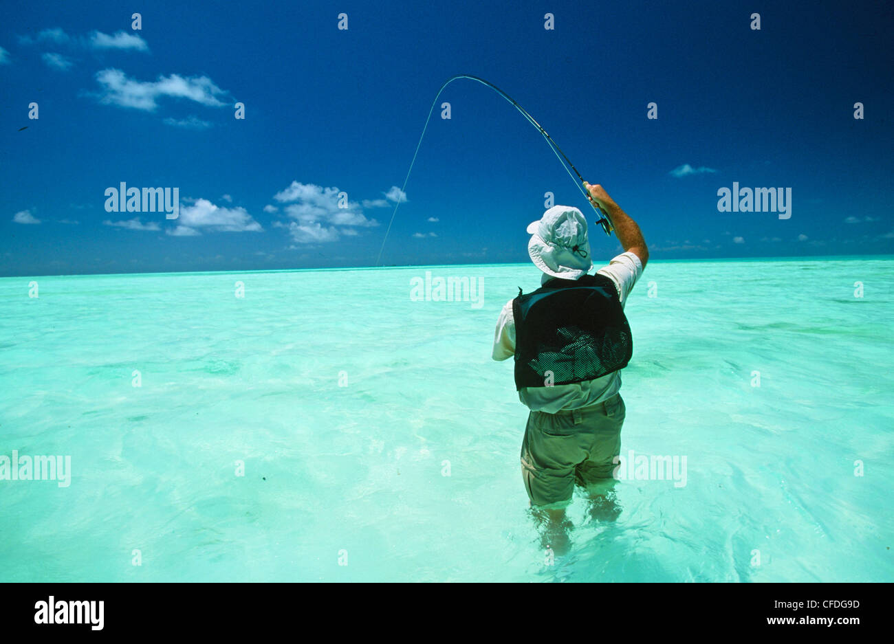 Mann, Fliegenfischen, Seychelle Islands, Seychellen Stockfoto