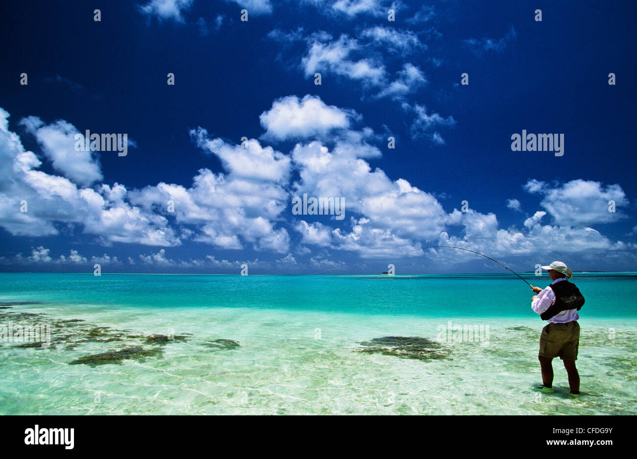 Mann, Fliegenfischen, Seychelle Islands, Seychellen Stockfoto