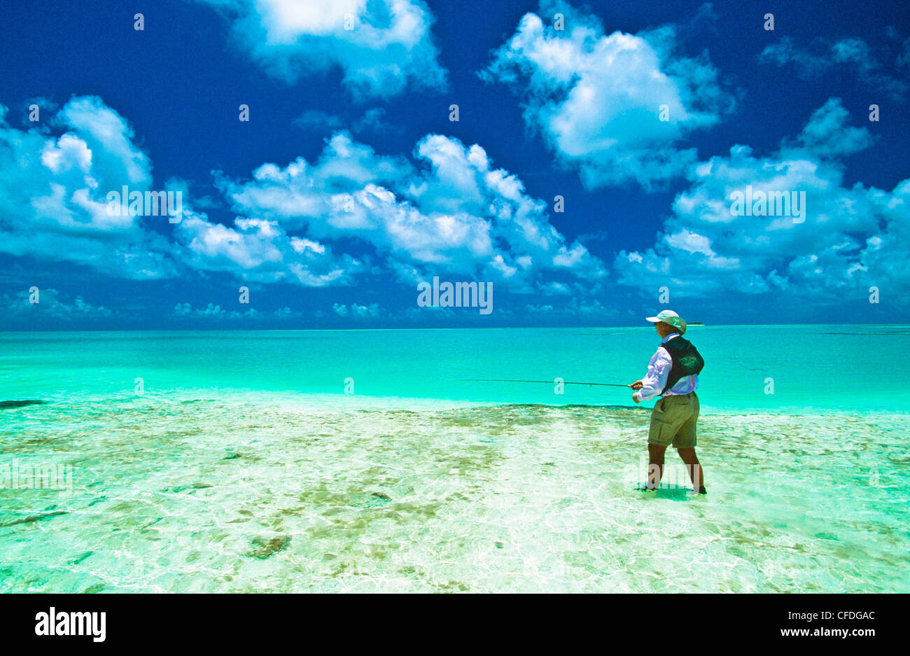 Mann, Fliegenfischen, Seychelle Islands, Seychellen Stockfoto