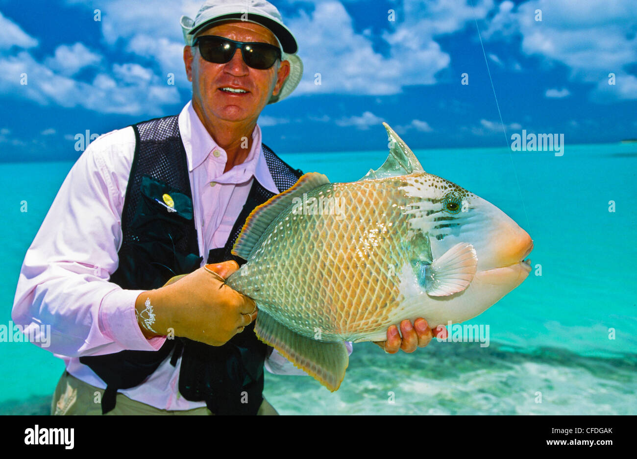 Mann mit Papagei Fische, Seychelle Islands, Seychellen Stockfoto