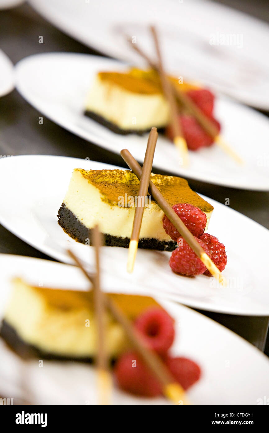 Cremige Torten mit Kakaopulver, Himbeeren und Schokolade Sticks auf weißen Tellern serviert. Stockfoto