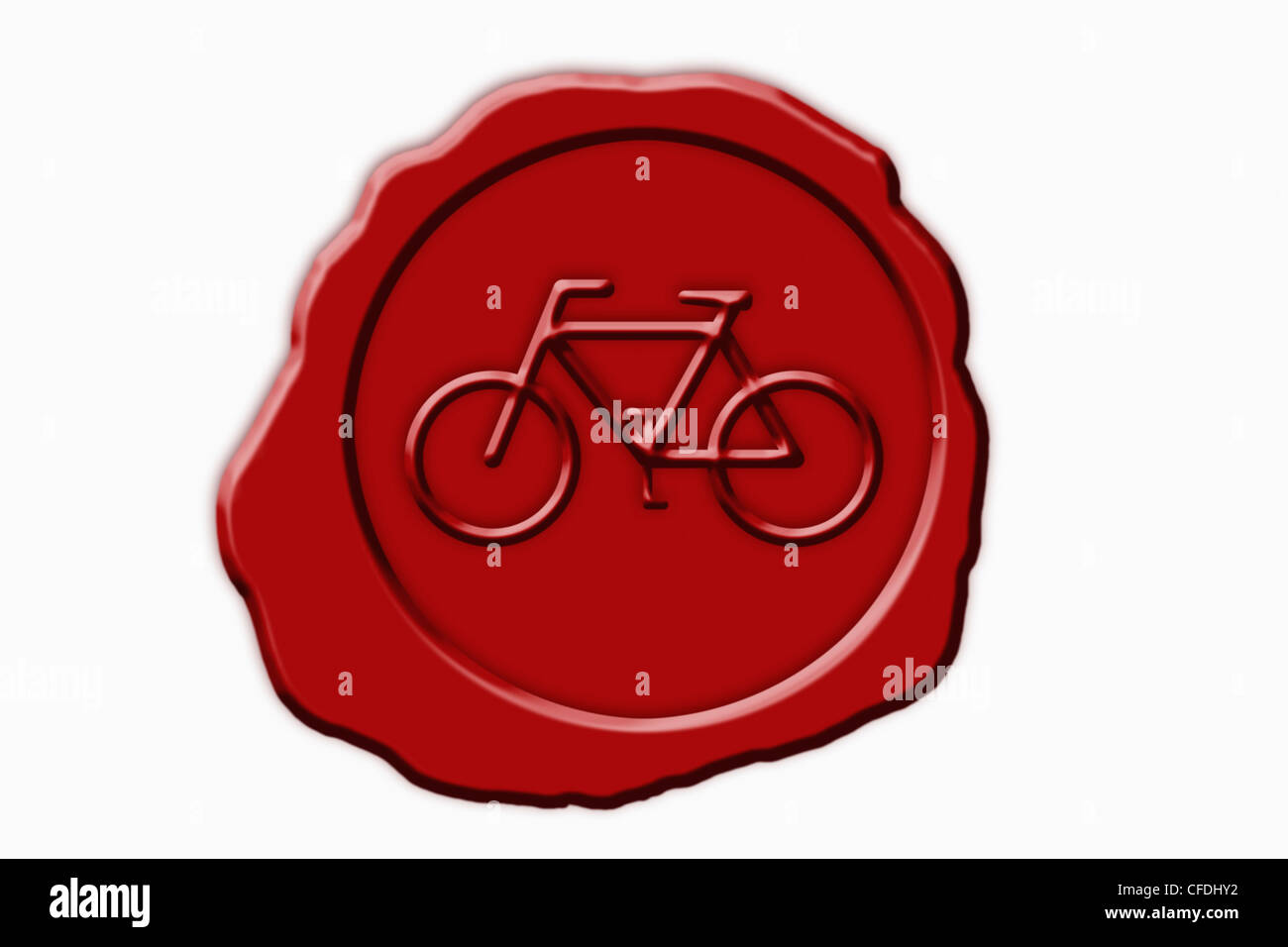 Detail-Foto einer roten Dichtung mit einem Fahrrad Symbol in der Mitte Stockfoto