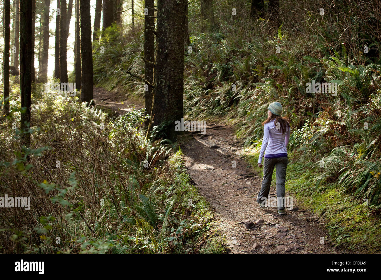 Weiblich, zu Fuß auf den Weg durch Wald. Stockfoto