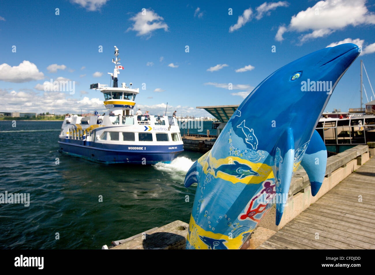 Halifax-Passagier Fähre hinter der Delphine auf Parade, Halifax Waterfront historische Eigenschaften, Halifax, Nova Scotia, Kanada Stockfoto