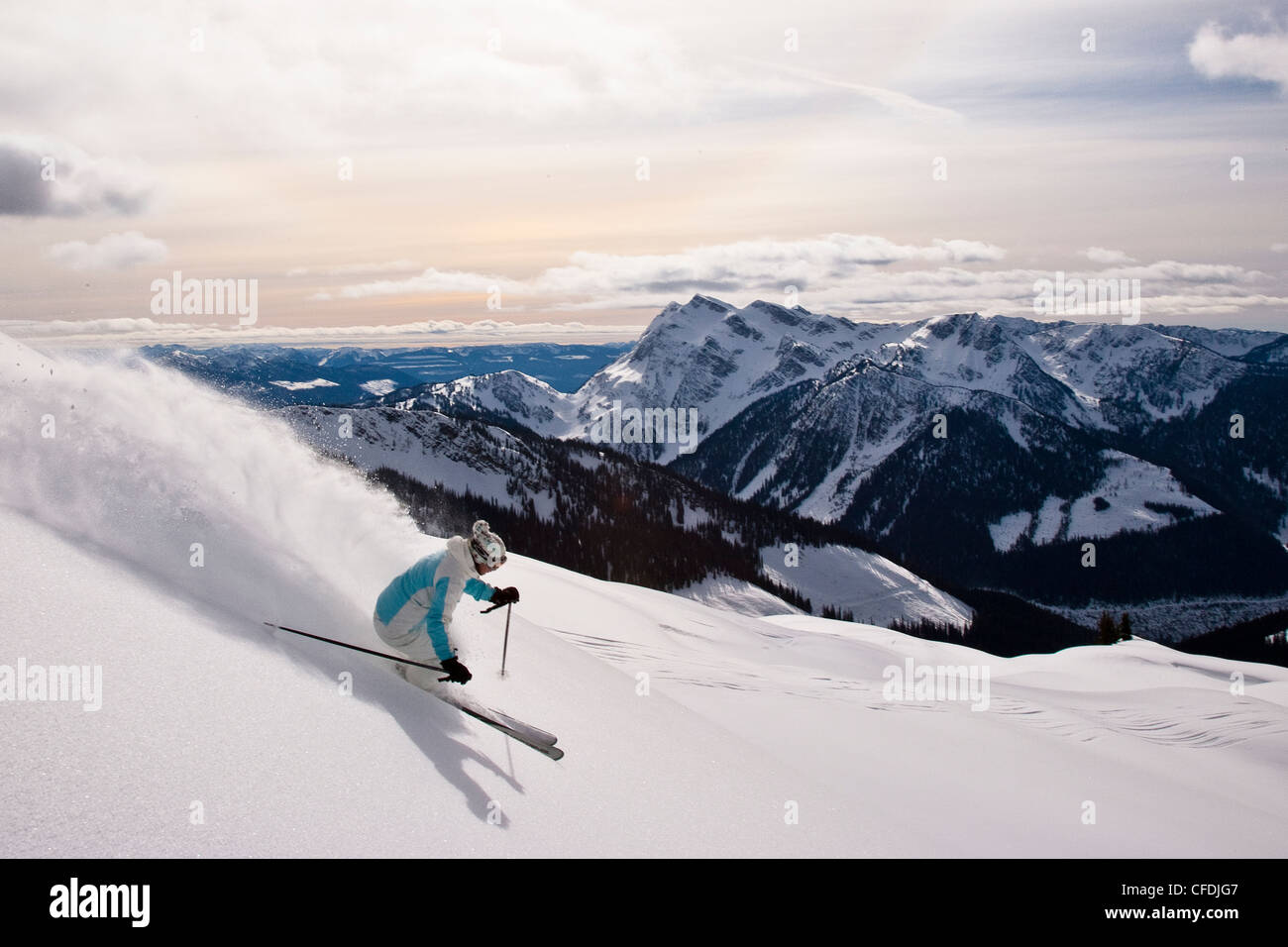 Junge Frau Skifahren unverspurten Pulver bei Mustang Pulver Catskiing, British Columbia, Kanada. Stockfoto