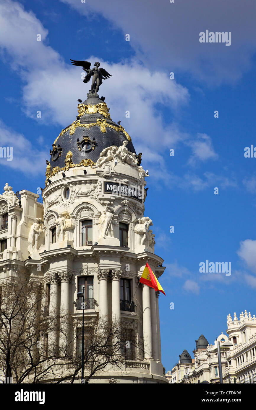 Frühlingssonne auf die Metropolis Gebäude, Gran Via, Madrid, Spanien, Europa Stockfoto