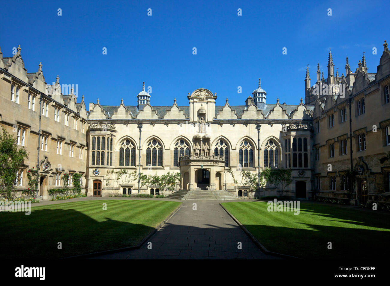 Vorderen Quad Gebäude, Halle und Kapelle, Oriel College, Oxford University, Oxford, Oxfordshire, England, Vereinigtes Königreich Stockfoto