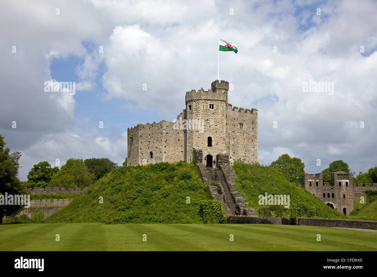 Nationale Flagge von Wales fliegen, Norman Keep, Schloss von Cardiff, Cardiff, South Glamorgan, South Wales, Wales, UK Stockfoto