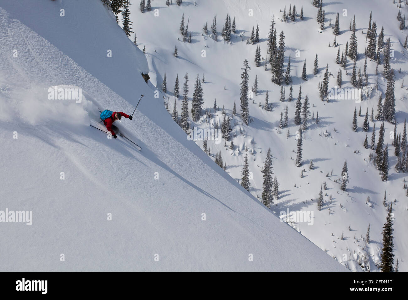 Ein männlicher Skifahrer verdient seine Kurven und Skier Frischpulver während Skitouren in Sol Mountain Lodge, Monashee, British Columbia, Kanada Stockfoto