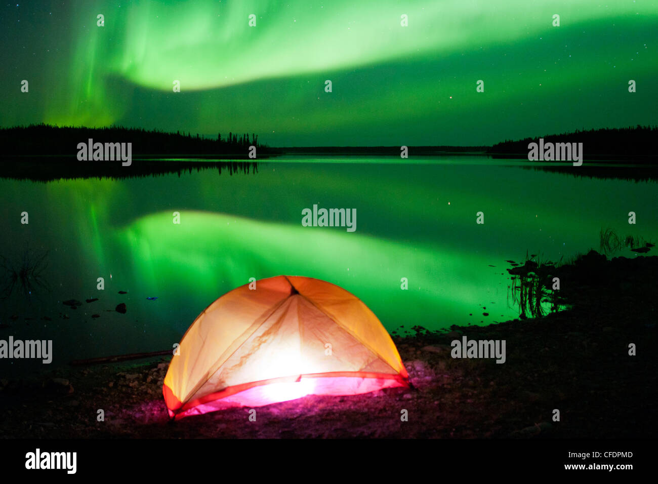 Zelt und Aurora Borealis (Nordlicht), borealen Wald, Yellowknife Umgebung, Nordwest-Territorien, Kanada Stockfoto