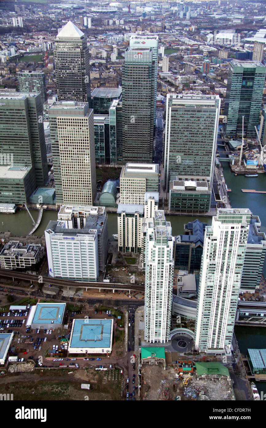 Luftaufnahmen von Canary Wharf, London Stockfoto