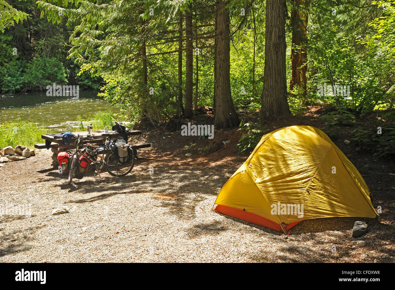 Campingplatz am Roger Creek Recreation Site, Duffy Lake Road, Cayoosh Gebirge, Britisch-Kolumbien, Kanada Stockfoto