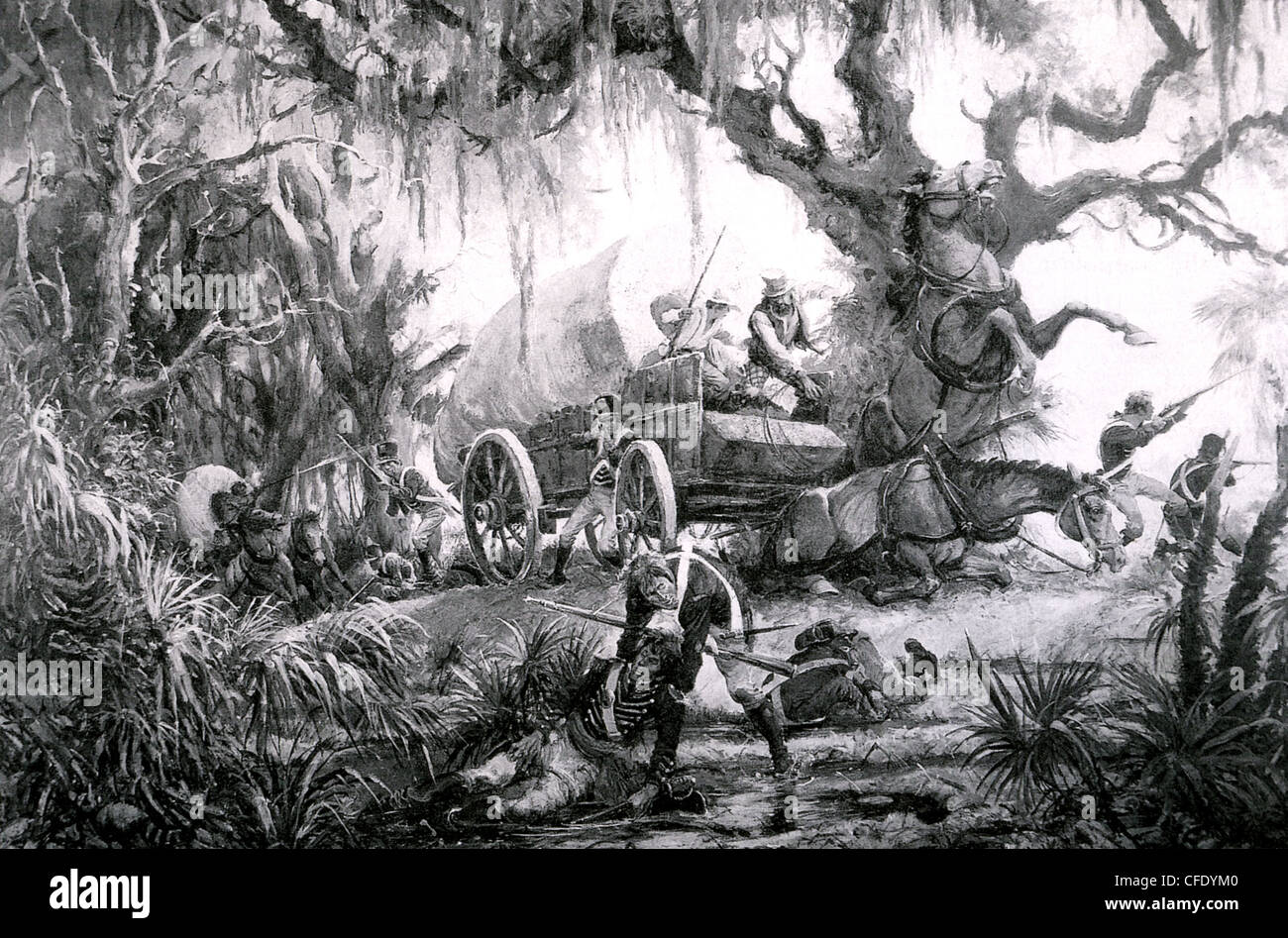 SEMINOLENKRIEGEN Seminolen Hinterhalt ein US Angebot Wagen begleitet von Marines im Sumpf der 12-Meilen-Zone, in der Nähe von St. Augustine, Florida, im Jahre 1812 Stockfoto