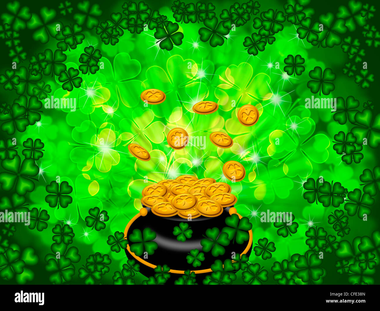 St. Patricks Day Topf voll Gold am Four Leaf Clover Kleeblatt mit unscharfen Hintergrund Stockfoto