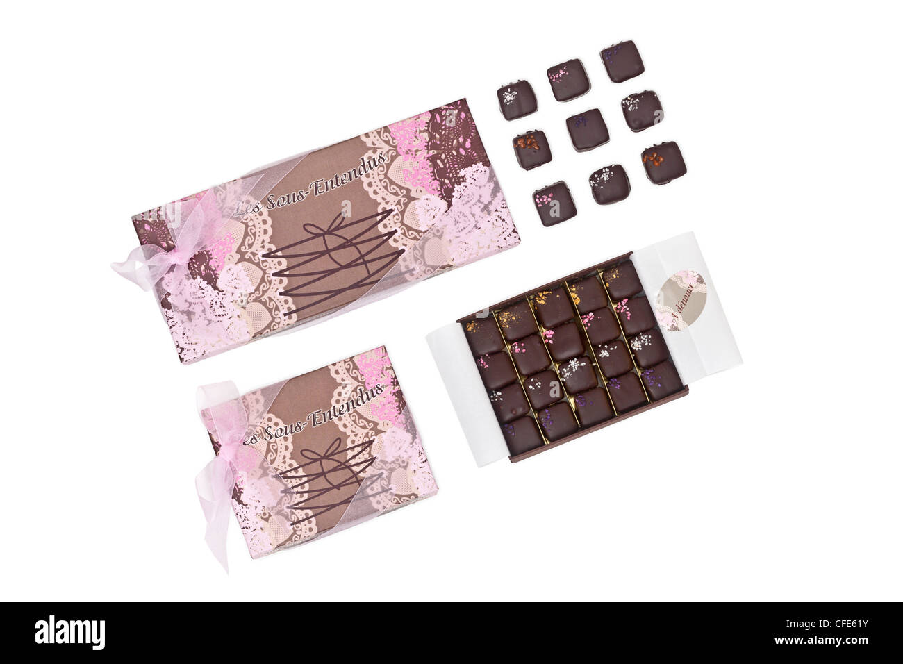 Karton und Pralinen aus der "Aux Marocains'' Konditorei - Schokolade Fabrik (Vichy - Frankreich) Boites de Chocolats Stockfoto